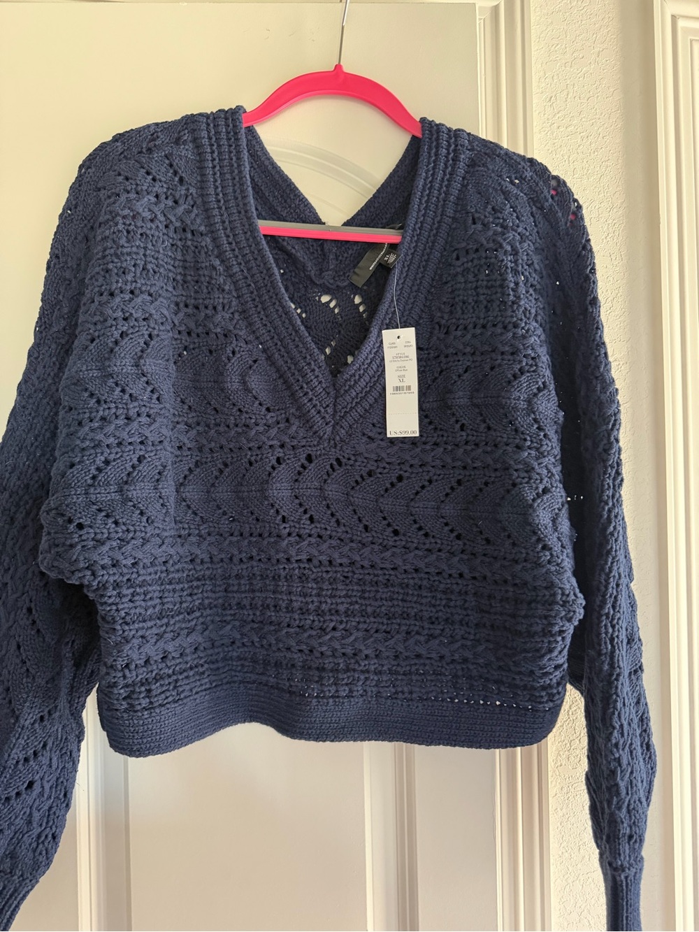 V-Neck Open Knit Cropped Dolman Sleeve Sweater - Officer Blue from WHBM